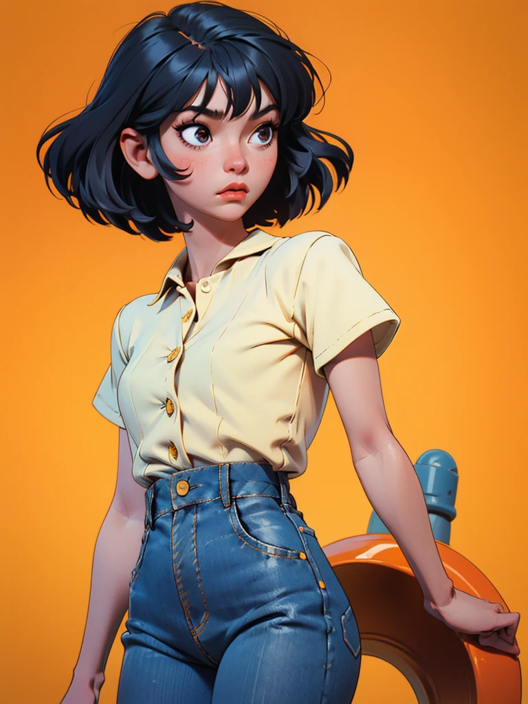 A full body photo of an 25 years old woman with black hair, side part Bob haircut, black eyes small, upturned nose, slender body, small breasts, wearing a short sleeve yellow blouse with buttons on the front and thight blue jeans