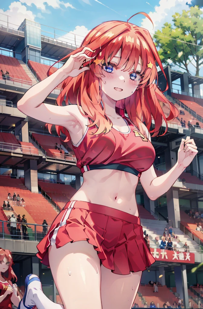 itsukinakano, Itsuki Nakano, bangs, blue eyes, hair between eyes, Ahoge, Redhead, star \(symbol\), happy smile, smile, Open your mouth,hair ornaments, star hair ornaments,(cheer leading), (whole body), Big Breasts, Lower, (Sweaty), Sweaty Wet Clothes (Red clothes), No sleeve,Belly button support, playground, (Jump), (Jump), 足を曲げてJumpする, air, blue sky, Grass原, smileのチアリーダー, Pom-pom \(cheer leading\), Grass, whole bodyがイラストに入るように,
break outdoors, Stadium,
break looking at viewer, whole body,
break (masterpiece:1.2), Highest quality, High resolution, unity 8k wallpaper, (shape:0.8), (Fine and beautiful eyes:1.6), Highly detailed face, Perfect lighting, Highly detailed CG, (Perfect hands, Perfect Anatomy),