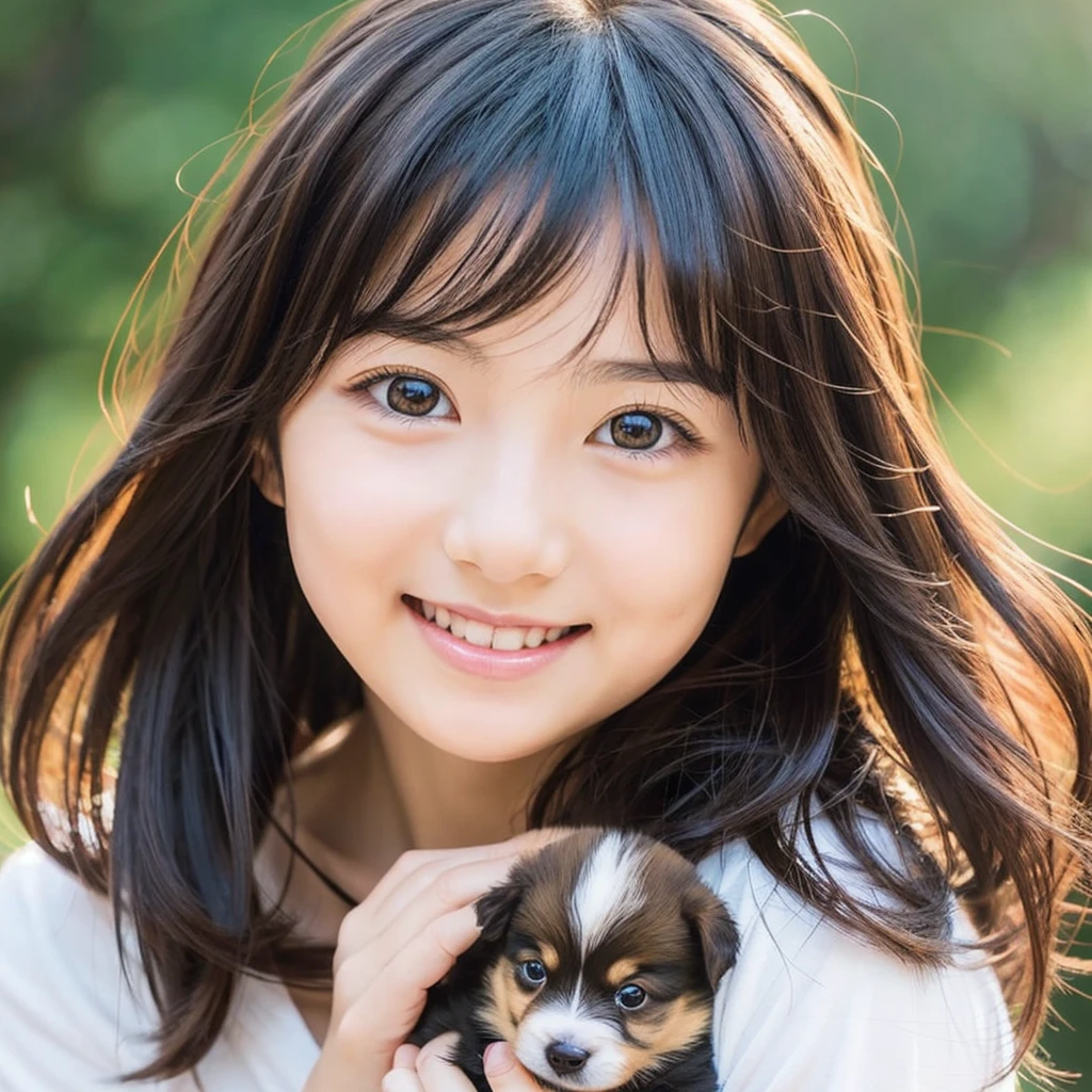 Create an anime-style portrait of a Japanese girl。Her hair is dark brown、Let it flow naturally。The girl has expressive eyes、A warm and gentle smile。She looks loving、Holding a cute puppy、It's a scene that evokes warmth and camaraderie.。Background、It should be a blend of warm and cool colors that complement the overall composition.。She is wearing a blue dress with intricate detailing.、Gives an elegant impression。The overall atmosphere of the piece is bright and attractive.、Capture the girl's kind and friendly personality。