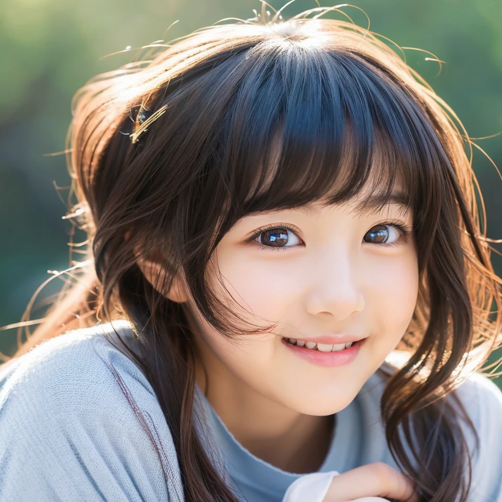Create an anime-style portrait of a Japanese girl。Her hair is dark brown、Let it flow naturally。The girl has expressive eyes、A warm and gentle smile。She looks loving、Holding a cute puppy、It's a scene that evokes warmth and camaraderie.。Background、It should be a blend of warm and cool colors that complement the overall composition.。She is wearing a blue dress with intricate detailing.、Gives an elegant impression。The overall atmosphere of the piece is bright and attractive.、Capture the girl's kind and friendly personality。