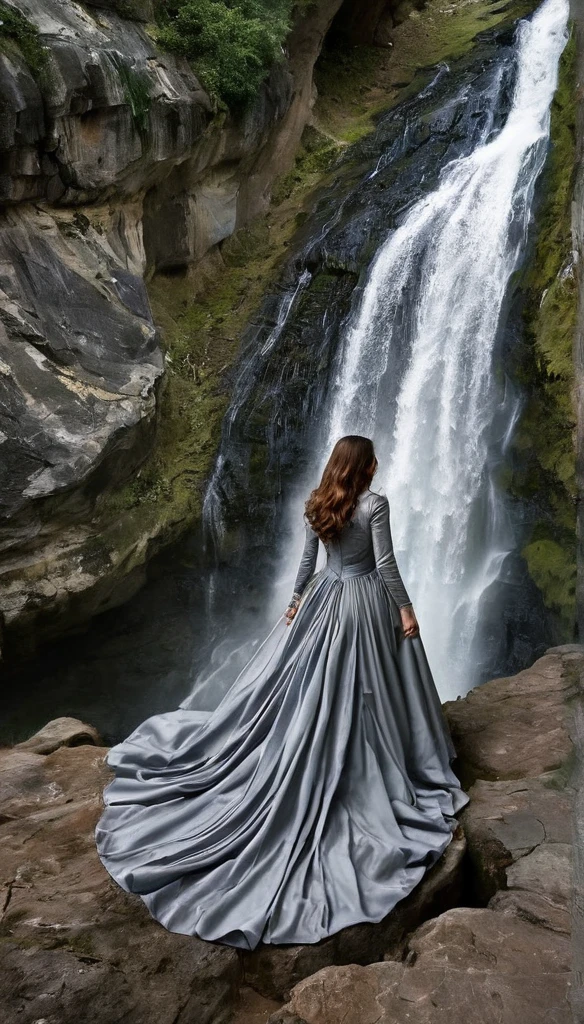 Close up, overhead view, Realistic photo of a beautiful woman in a dramaticly over flown long and flowing grey victorian gown, walks out of a cave that connects to a waterfall