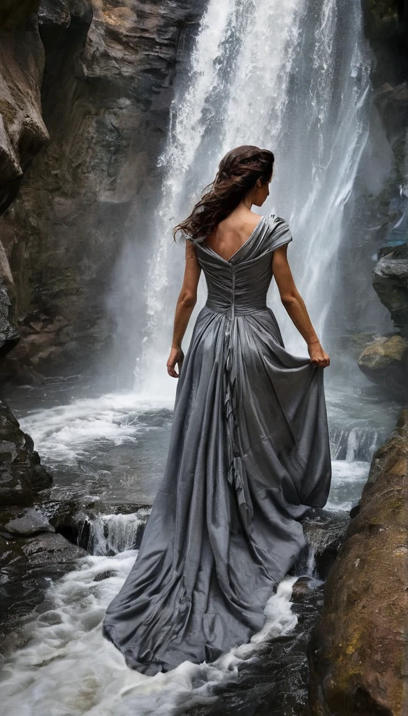 Close up, overhead view, Realistic photo of a beautiful woman in a dramaticly over flown long and flowing grey victorian gown, walks out of a cave that connects to a waterfall 
