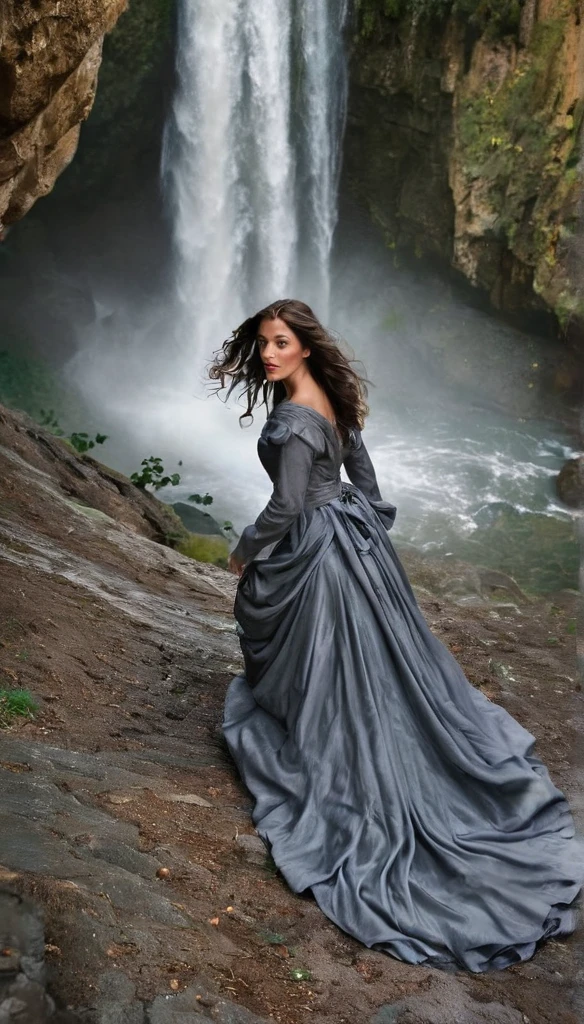 Close up, overhead view, Realistic photo of a beautiful woman in a dramaticly over flown long and flowing grey victorian gown, walks out of a cave that connects to a waterfall