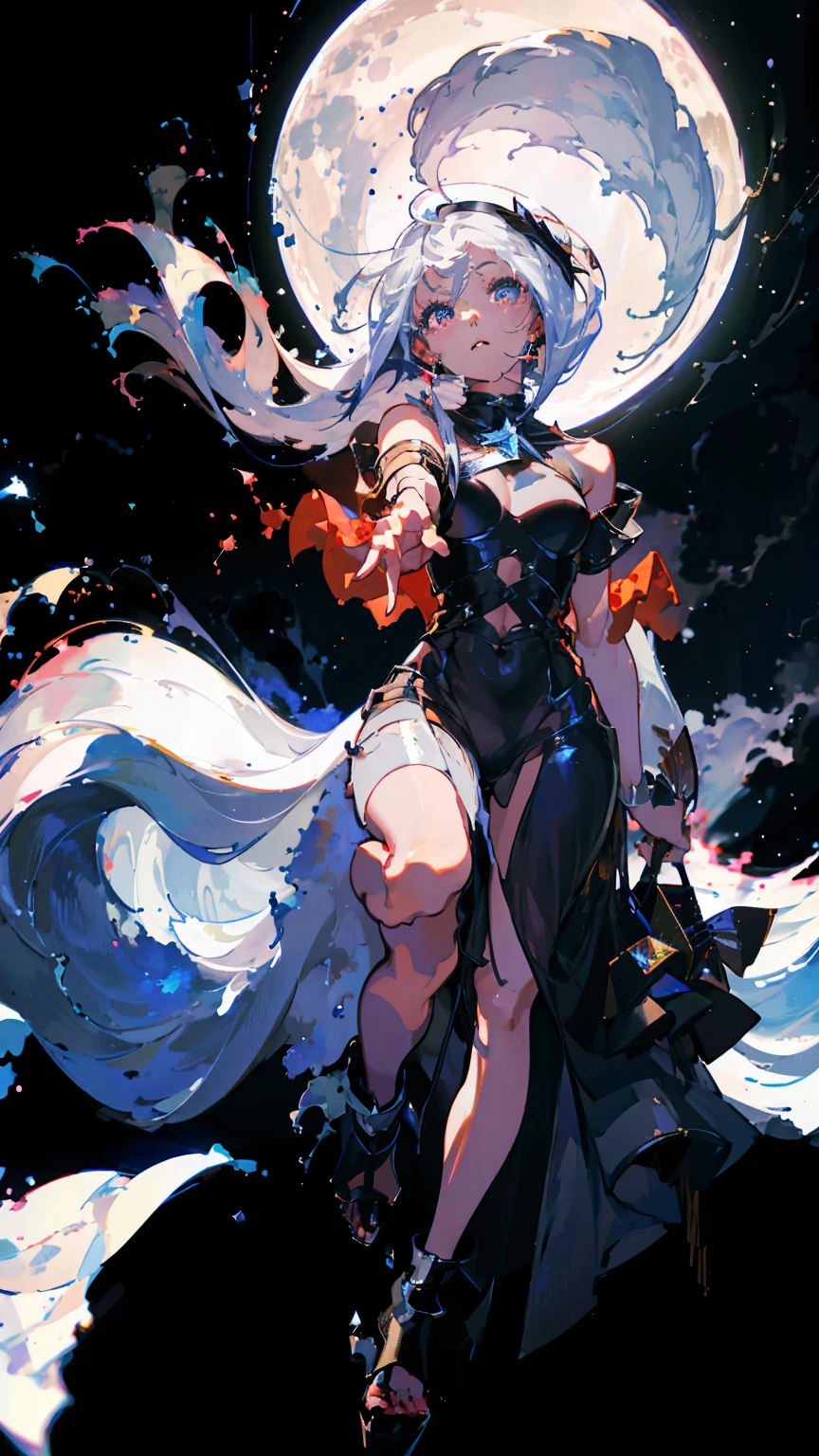 (woman\(Angel, 18-year-old, Long white hair fluttering, Grey Eyes, A simple black long shirt, Pale skin, Blank look、An ennui look\) Gazing somewhere far away), (Smoke on my body), Beautiful grey sky, Dark atmosphere, A desaturated world shrouded in mist, (There is a pale blue smoke floating around, blowing stars into the air.), There is a fantastically shining moon and white stars in the sky, The background is a fantastical space painted black with acrylic gouache., break ,quality\(8k,非常に精細なCGユニットのwallpaper, masterpiece,High resolution,top-quality,top-quality real texture skin,Surreal,Increase the resolution,RAW Photos,最高quality,Very detailed,wallpaper,Cinema Lighting,Ray-tracing,Golden Ratio\),Long Shot,Overall, it looks ephemeral.
