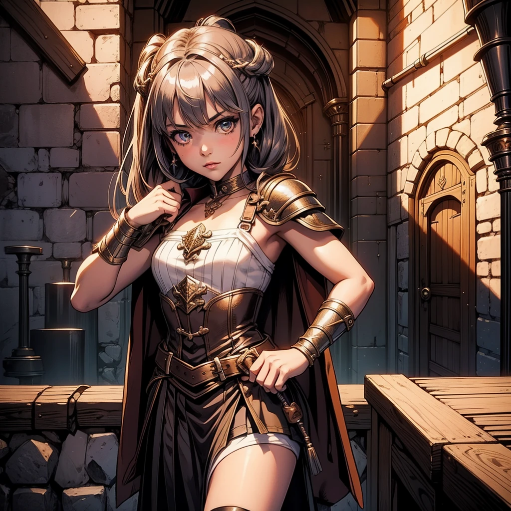 最high quality、high quality、Robe/Skirt、10Year-old girl adventurer、Climb the dungeon stairs、Equipped with a dagger and a leather shield、Inside the dim labyrinth