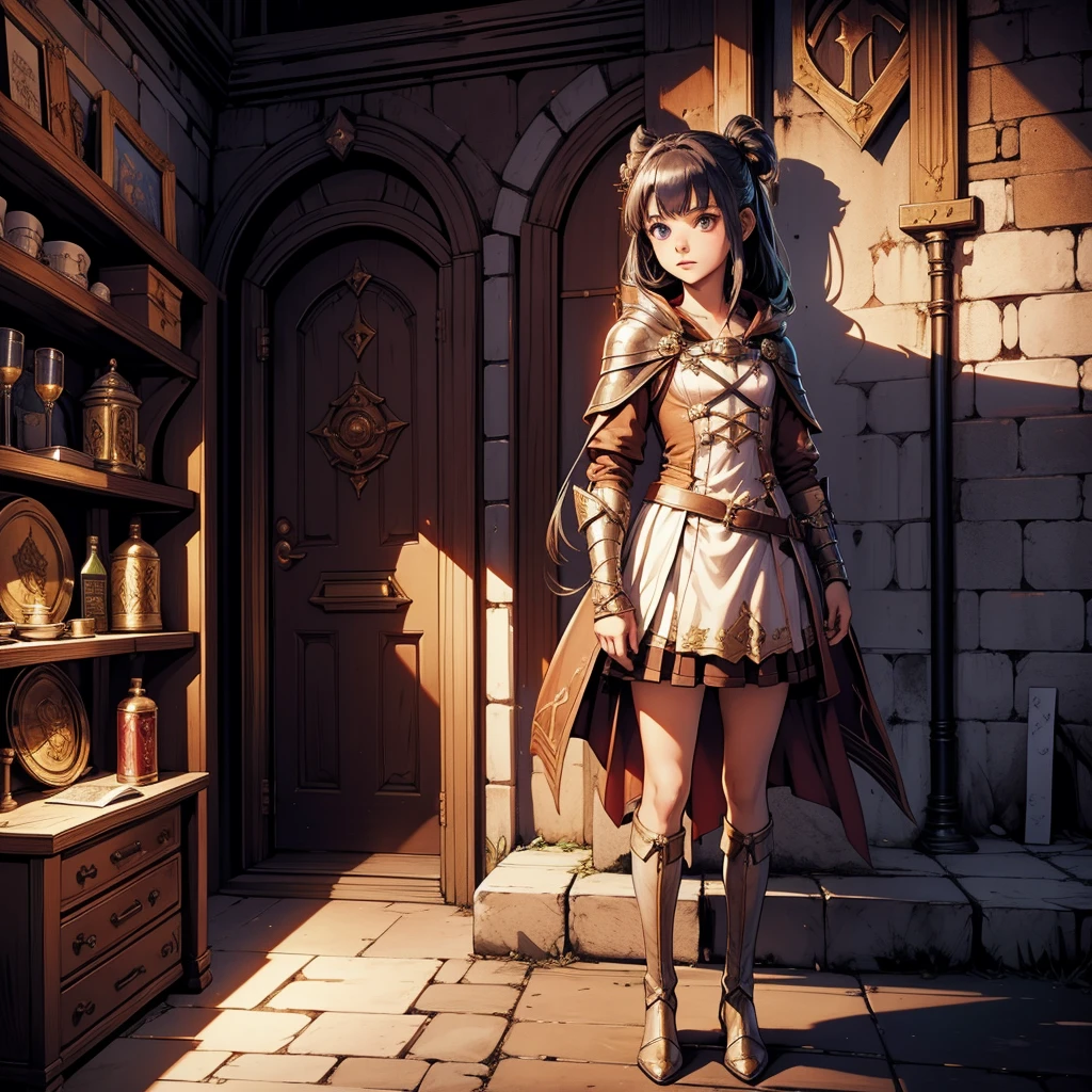 最high quality、high quality、Robe/Skirt、１０Year-old girl adventurer、Climb the dungeon stairs、Equipped with a dagger and a leather shield、Inside the dim labyrinth