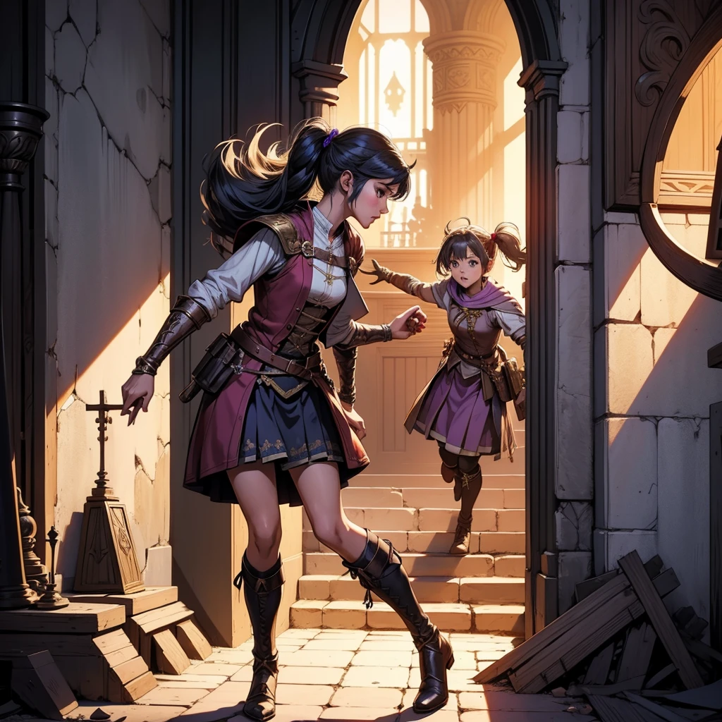 最high quality、high quality、Robe/Skirt、１０Year-old girl adventurer、Climb the dungeon stairs、Equipped with a dagger and a leather shield、Inside the dim labyrinth