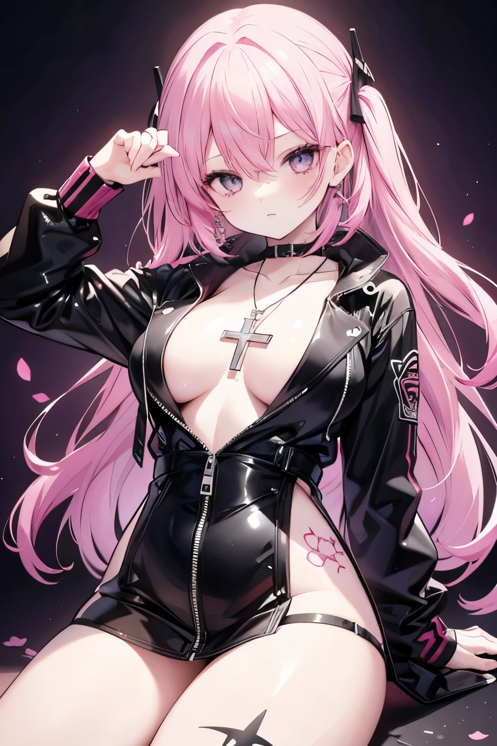 Pink hair, black eyes , a girl ,cross necklace ,tattoos,