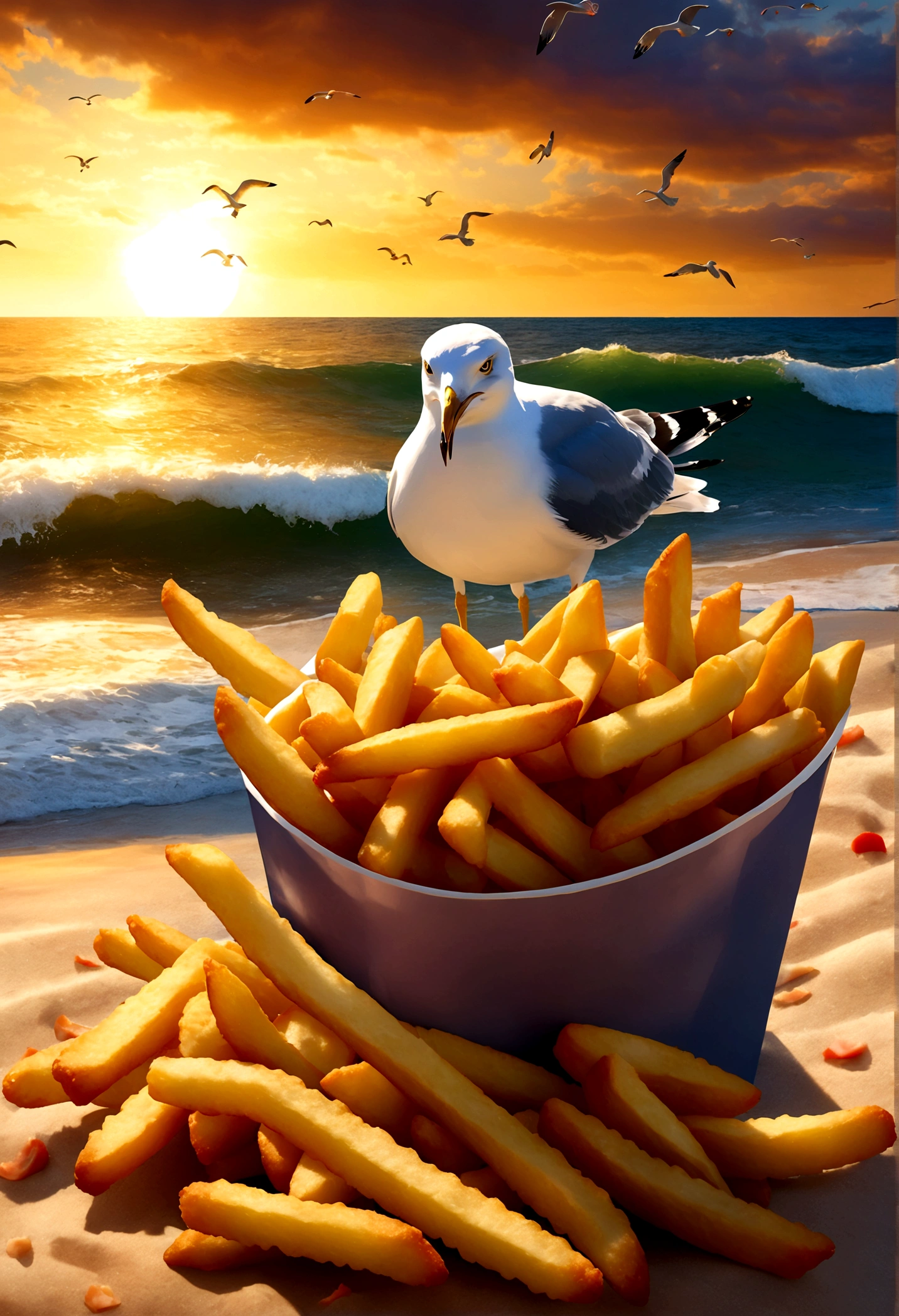 Seagull and Fries, seagull, french fries, beach, sunset, dramatic sky, ocean waves, sandy shore, food on the beach, hungry seagull, seagull reaching for fries, detailed seagull, detailed french fries, 8k, highly detailed, vivid colors, dramatic lighting, cinematic, golden hour, masterpiece, best quality, very aesthetic, absurdres