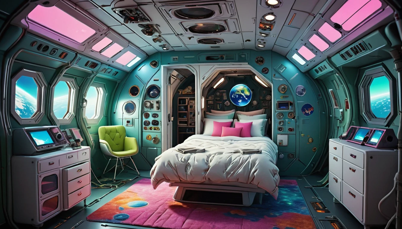 image, with depth, realistic of a cabin in a naza rocket, a cozy environment, a super comfortable bed, with wrinkled and white sheets on the right side, on the left side an ornamental closet with equipment for personal use with astronaut clothes, the cabin is in Earth's orbit, there is a lot of equipment in relief, from orbital operating machines, atmospheric pressure checking devices, monitoring equipment with a world map, large windows that go from floor to ceiling turned with neon lights that give it a charm to space, with a view of space, the environment has total harmony between colors, the colors are typical of a spaceship, predominantly blue, green and pink neon lights, a very intriguing image in the style of a Disney Space film., 3d render, cinematic, wildlife photography, vibrant