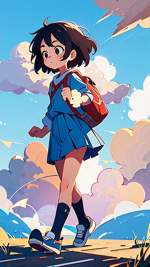 A girl carrying a school bag, the sun and cumulonimbus clouds,Highest quality, masterpiece, RAW Photos,Super detailed,Realistic Background