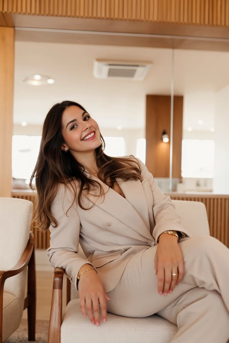 full hd 4k realistic image, “. a beautiful, realistic woman with straight brown hair, deep brown eyes and smooth white skin, an Italian woman. Her face has delicate features and is smiling, radiant, with a smile. She dresses in a sophisticated way, pink blazer