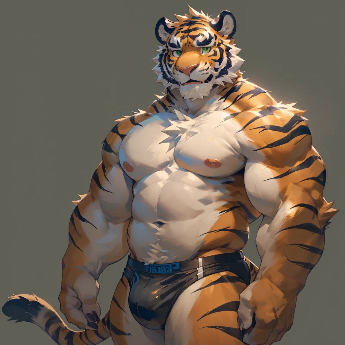 Solo, male, medium muscular, tiger, orange tiger, in white speedo, white underwear, shirtless, ((focus body, furry focus, focus underwear, eyes focus, green eyes, pupils focus)) tiger tail (((gray background, gray wallpaper, one color))), by darkgem, by mystikfox61, by glitter trap boy