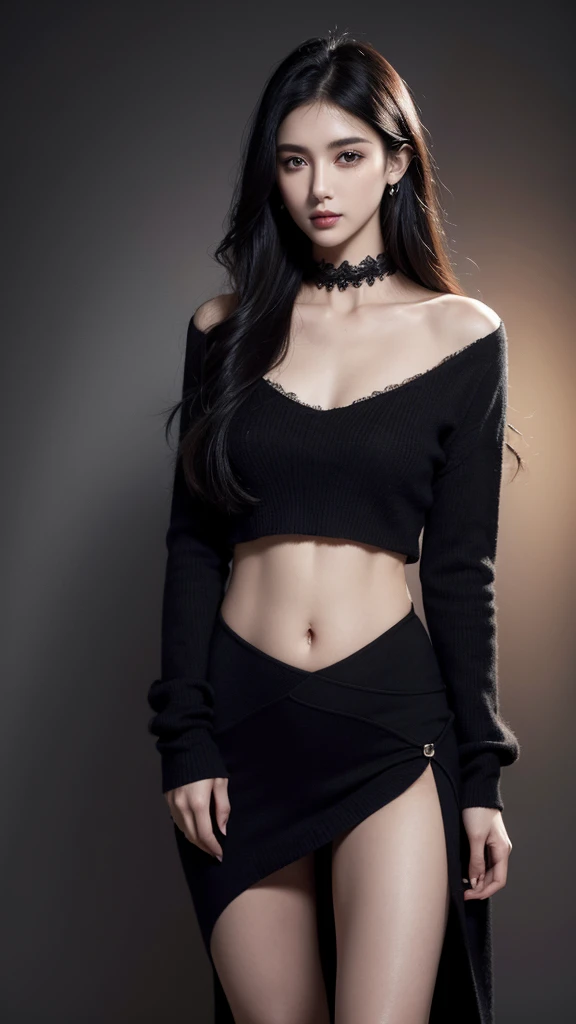 accessories，Gothic style，Quiet，Light makeup，Sexy，Peerless Beauty，Intellectual，clavicle，Neat long hair，Black Hair，Delicate face，Exquisite facial features，Sexy red sweater，，Navel，Navel，Stand Up Straight。