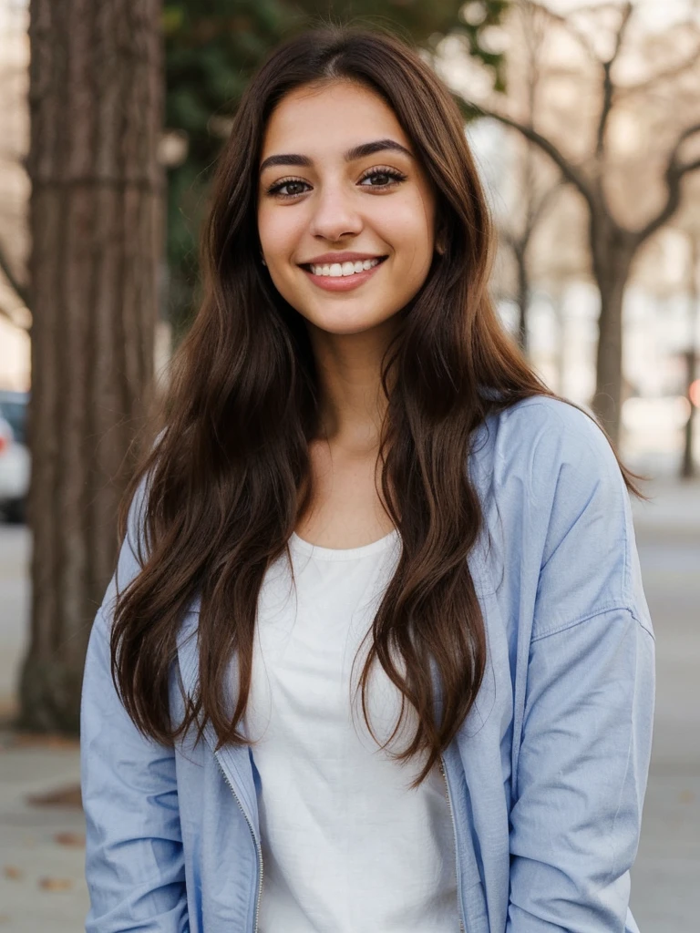 one cute women, 20YO, white, Arab, cute face, realistic brown eyes, blue jacket, brown hair, cute smile, skinny face, white realistic teethes, big eyes, long hair