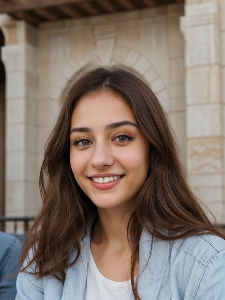one cute women, 20YO, white, Arab, cute face, realistic brown eyes, blue jacket, brown hair, cute smile, skinny face, white realistic teethes, big eyes, long hair