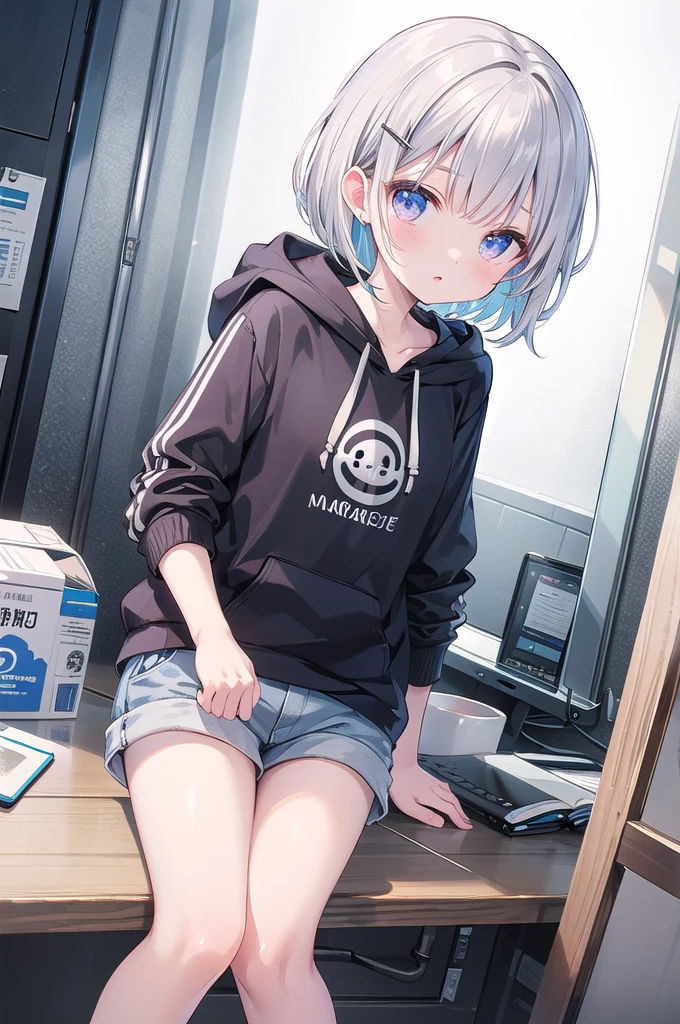 Highest quality、masterpiece、(One person)、Bright silver short bob hair、hoodie、looking at the camera、glint、hairpin