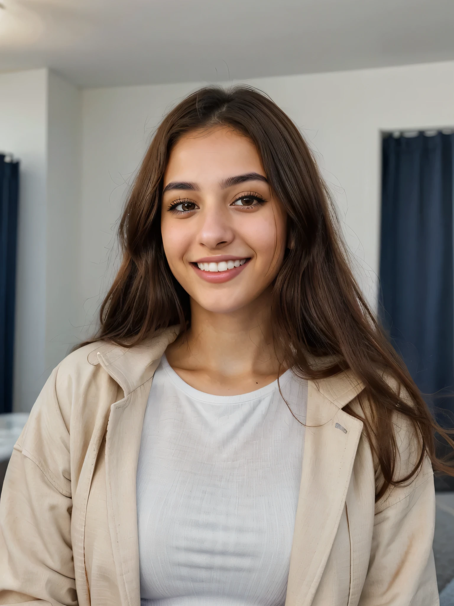 one cute women, 20YO, white, Arab, cute face, realistic brown eyes, blue jacket, brown hair, cute smile, skinny face, white realistic teethes, big eyes, long hair