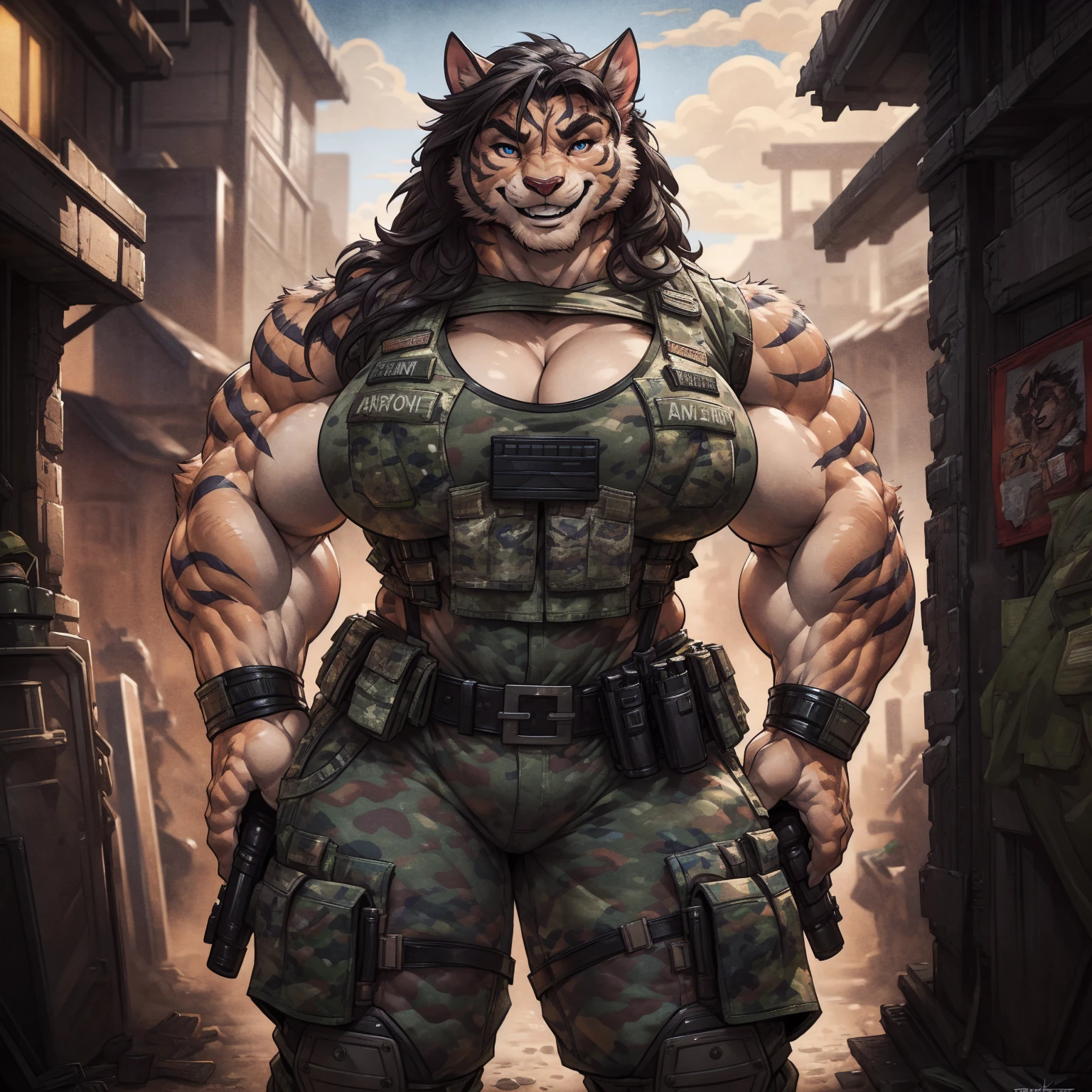 solo, 1girl, alien creature, feline, striped skin, female, buff, muscular, huge breasts, highly detailed eyes, Amazon, wearing camouflage_uniform, (urban uniform:1.2), military camp, rolled sleeves, shirt, trousers, cleavage, standing upright, combat boots, full body, smiling, friendly, looking at viewer, realistic lighting, by darkgem, by wfa, by bng,