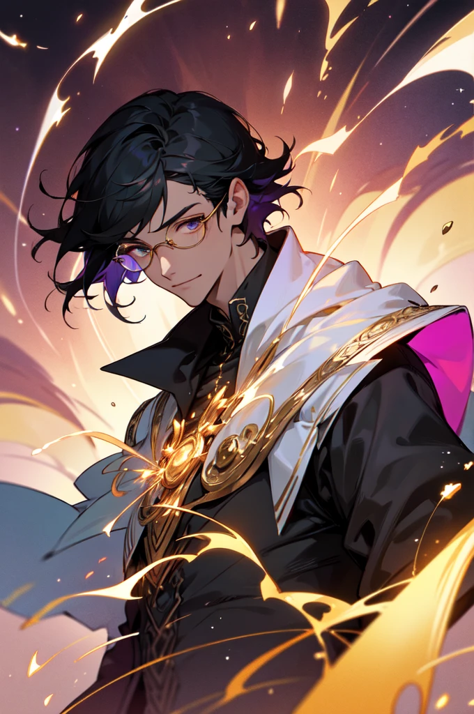 masterpiece, best quality, 1 male, young, tall muscular, handsome, finely detailed eyes, intricate details, black hair, short hair, smile, solo, upper body, detailed background, detailed face, good sorcerer, color magical robes, determined expression, white color scheme, dark crimson light, glowing magical runes, realistic lighting, floating particles, sparks, surrounded by gold lightning red arcane symbols, corrupted by eldritch power, bloom, glasses