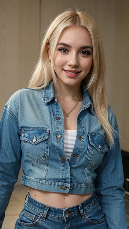 Ava Max dressed in denim clothes with a sexy smile.