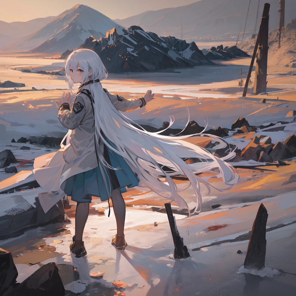 masterpiece:1.2), best quality , solo ,pixiv, anime girl ,long straight white hair , black eyes ,Wearing off-white camouflage uniform ,ten years old,battlefield,Standing in the snowy mountains,(Eyes looking into the distance:1.3),There is a flame burning beside you,(look away:1.5),snowy weather,The girl stands among the deserted snowy mountains,blood on forehead,dirty face,Background mixed with metal fragments:1.2,Backlight,Black lake in the background,Stand on a glacier,Bare rocky peaks , Scrap metal on the snow,raise arms,The expression is sad
