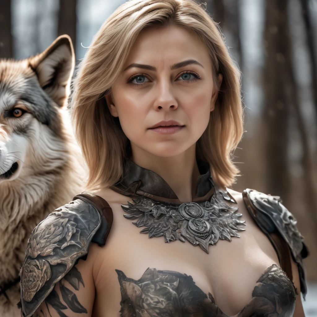 4k highly detailed realistic digital extremely high quality RAW photograph, a portrait photo of Nataliya Poklonskaya that lived with wolves her whole life is now leading them to battle. torn clothes exposing (nude:1.4) body, armored pauldrons, fangs, curled horns, big breasts, ((snow and blood)), ((wolf tattoos)), epic, hyperrealistic, hyperrealism, 8k, cinematic lighting, greg rutkowski, wlop, (f1.8 short focus bokeh)