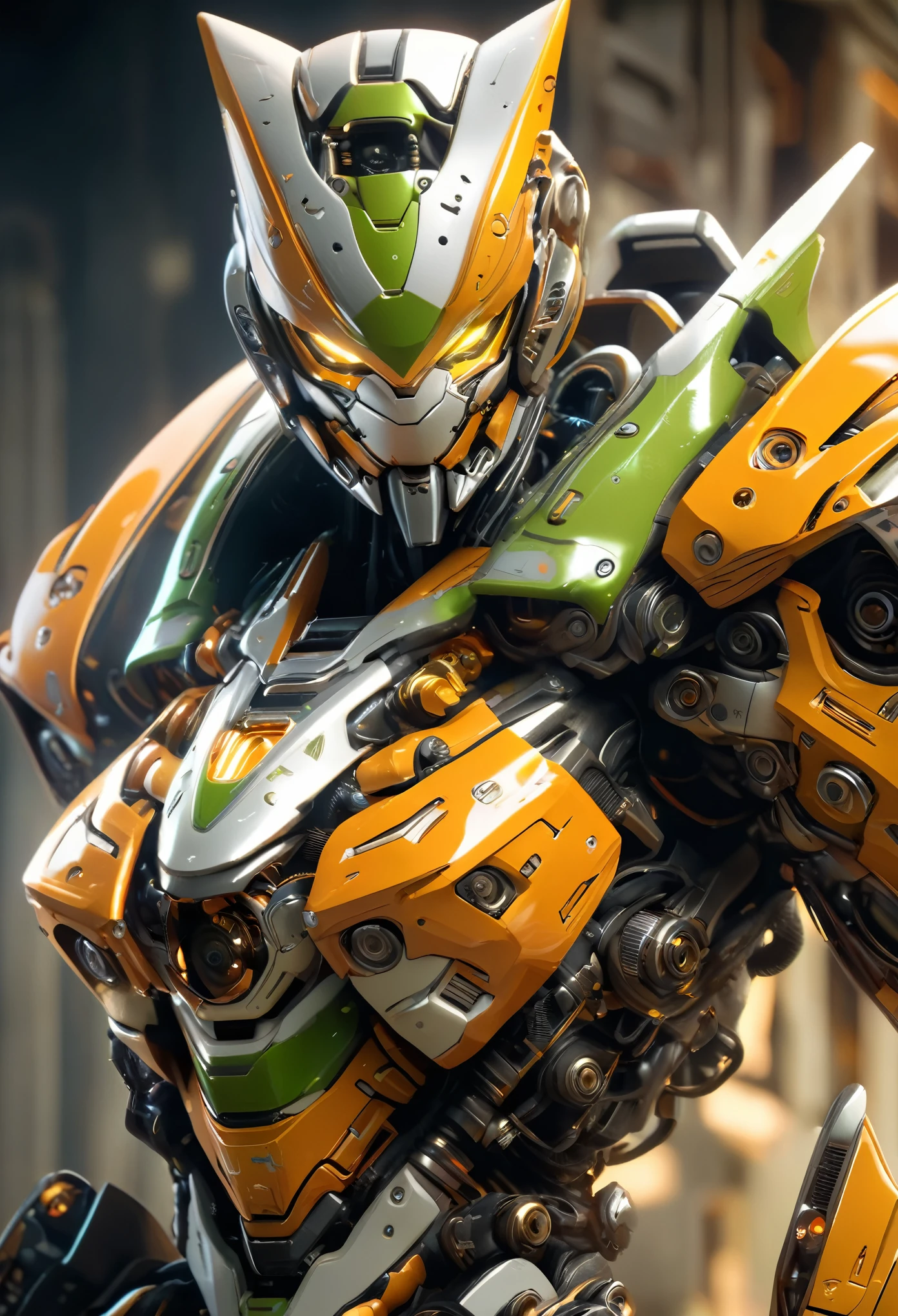 (best quality,4k,8k,highres,masterpiece:1.2),ultra-detailed,(realistic,photorealistic,photo-realistic:1.37), realistic mecha suit inspired by a female, erotic body, highly detailed, hyper realistic, 8k, photorealistic, intricate machinery, feline features, sleek aerodynamic design, sharp claws, cat-like movements, glowing eyes, metallic sheen, complex mechanical parts, advanced technology, cinematic lighting, dynamic pose, detailed texture, futuristic, concept art style, whole body, orange, black, gold, green