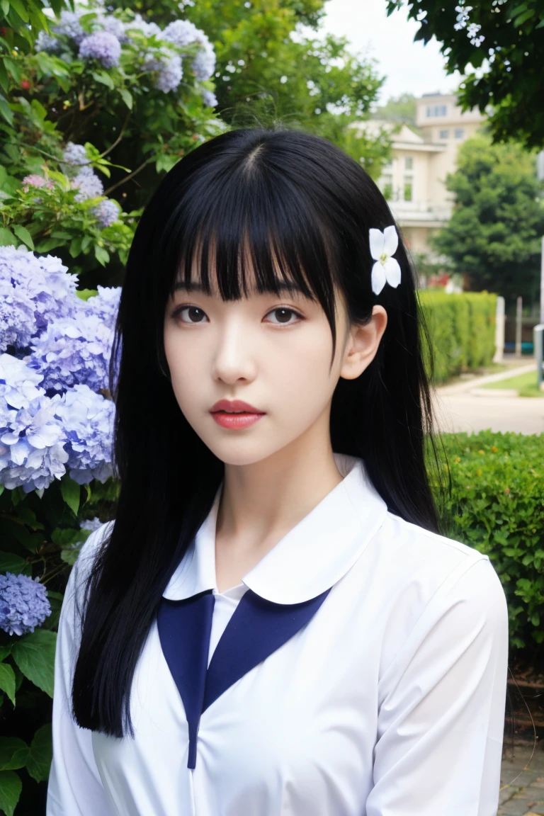 best quality, tmasterpiece,Ultra-high resolution,Clear face,(Reality:1.4),ferpect lighting,(upper body shot), (photorealistic:1.50), anime wallpaper, Guviz style artwork, cover-up fantasy up to magic , by Yang J, Guviz, beautiful artwork illustration, beautiful digital artwork, beautiful digital illustration, Li Song, beautiful anime portrait, art style in Beauvot, 1girl, solo, red eyes, hair flower, (purple serafuku:1.5), (school uniform), hydrangea, garden, from above, standing,