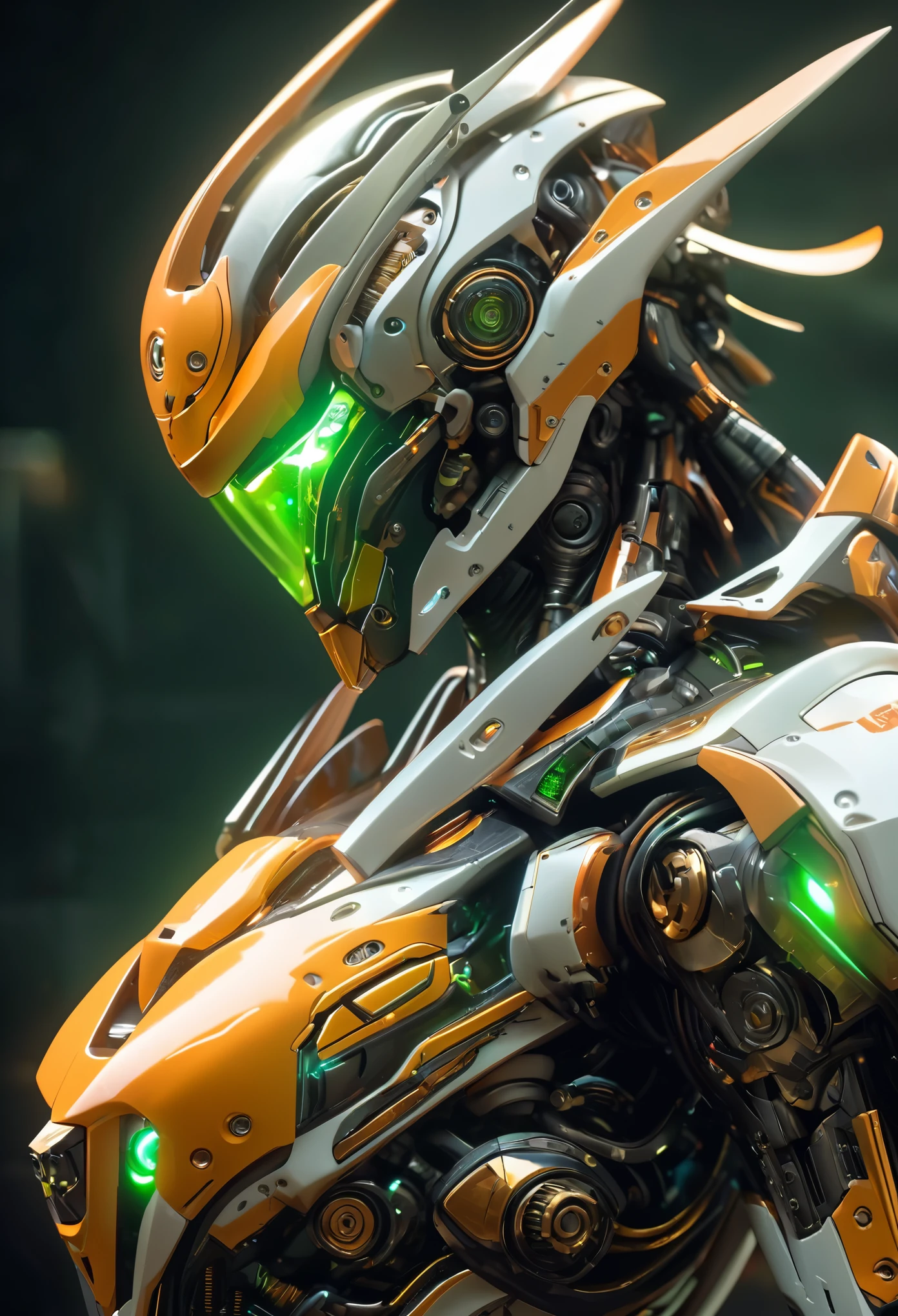 (best quality,4k,8k,highres,masterpiece:1.2),ultra-detailed,(realistic,photorealistic,photo-realistic:1.37), realistic mecha suit inspired by a female, erotic body, highly detailed, hyper realistic, 8k, photorealistic, intricate machinery, feline features, sleek aerodynamic design, sharp claws, cat-like movements, glowing eyes, metallic sheen, complex mechanical parts, advanced technology, cinematic lighting, dynamic pose, detailed texture, futuristic, concept art style, whole body, orange, black, gold, green