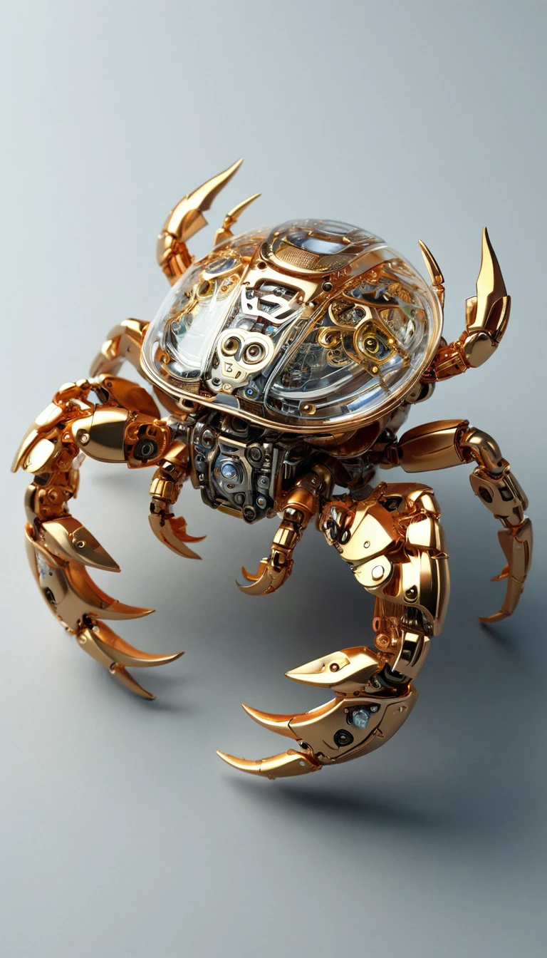 A cute and detailed robot crab drawn in a biomechanical style、Highly detailed and realistic artwork. Down to the last detail, From the intricacy of the transparent outer shell to the precision of the internal mechanical parts, It has been captured with amazing precision. The texture is very realistic、You can almost feel the smooth surface of the shell and the intricate patterns of its joints.。. Lighting、It has been meticulously crafted to enhance its beauty.。