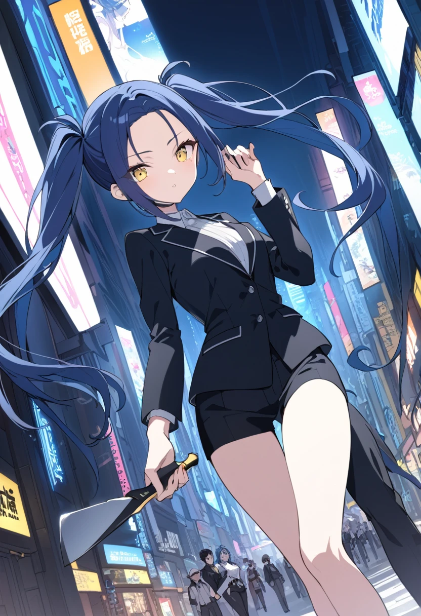 (One very tall, good looking woman,Navy Blue Hair,Her hairstyle is twin tails that expose her forehead., yellow eyes,Medium chest,Dynamic Angle Tall)Thick Black１Color ,Black trousers,The background is the busy Shibuya area at night,The woman is carrying a spear in one hand.