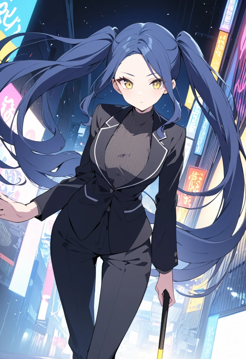 (One very tall, good looking woman,Navy Blue Hair,Her hairstyle is twin tails that expose her forehead., yellow eyes,Medium chest,Dynamic Angle Tall)Thick Black1Color ,Black trousers,The background is the busy Shibuya area at night,The woman is carrying a spear in one hand.