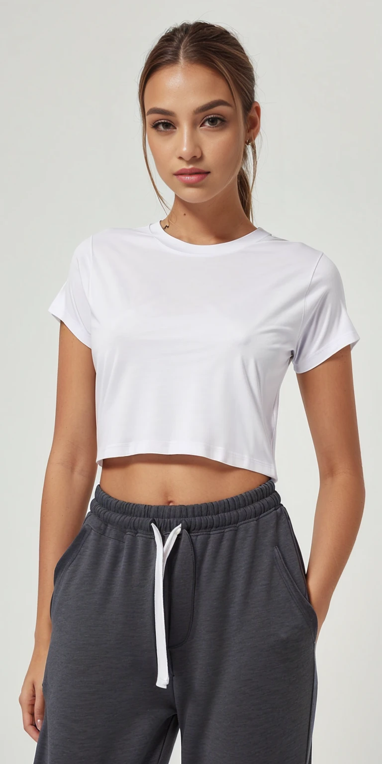 a woman wearing a white corte superior and grey sweatpants, corte superior, corte superior, com camiseta rasgada, wearing corte superior, vestindo um top cortados, barriga exposta, vestindo um top cortado, Topo branco, camiseta branca, usando um top cropped sexy, plain camiseta branca, Roupa casual, wearing a corte superior, vestido com uma camiseta branca