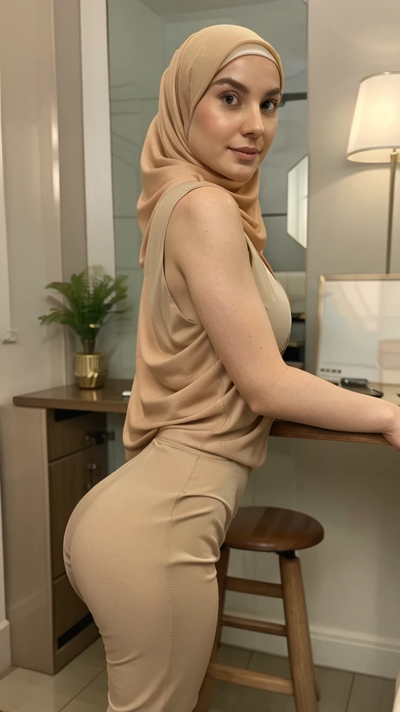 25 years old, light khaki hijab, pale skin, skinny, cleavage, openlegs, tight pant, stool, teasing, hand on head, sleeveless, luxury dress, view from side back, office, late night