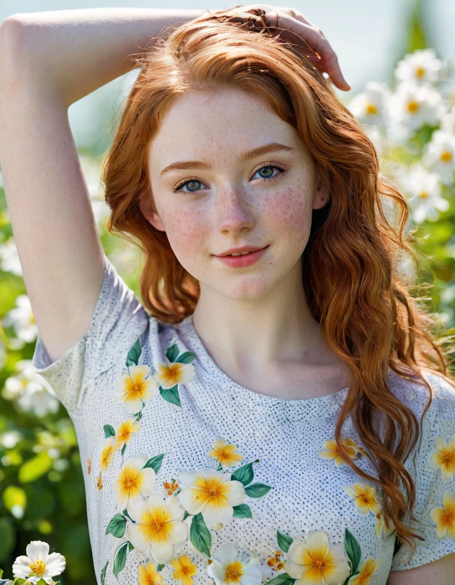 photography full body of very beautiful realistic girl, 15-years-old, porcelain skin, very fair skin, very pale skin, redhead, long wavy, detail freckles skin, hazel eyes, slanted eyes, small nose, small nostril, thick curved eyebrow, thick bottom lip, seductive gaze, happy face, unique face, wear flowers shirt, detail photo, realistic photo, master piece picture, sharp picture, outdoor clear daylight, arms up,  sexy bikini