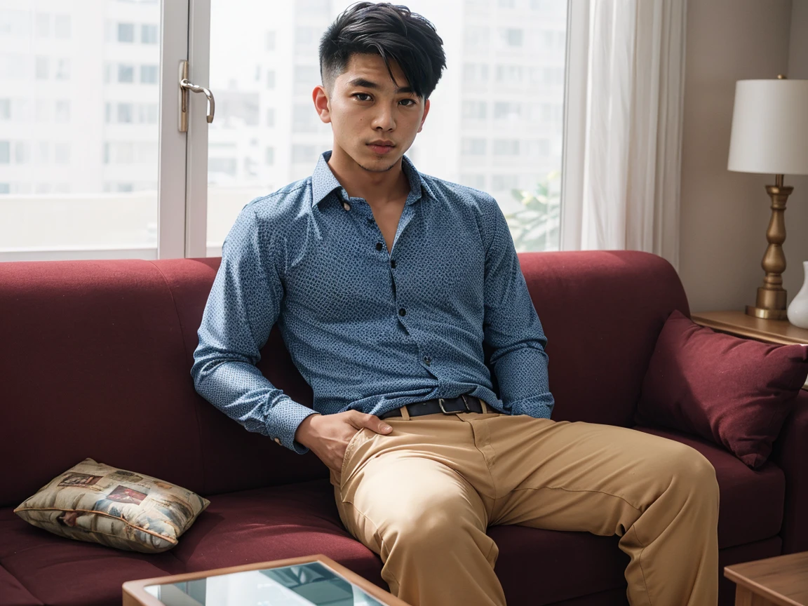 shot by Sony a7 IV Mirrorless Camera, natural light, analog film photo, Kodachrome , handsome thai teenage men ,Long sleeve shirt and loose pants .sofa , living room
