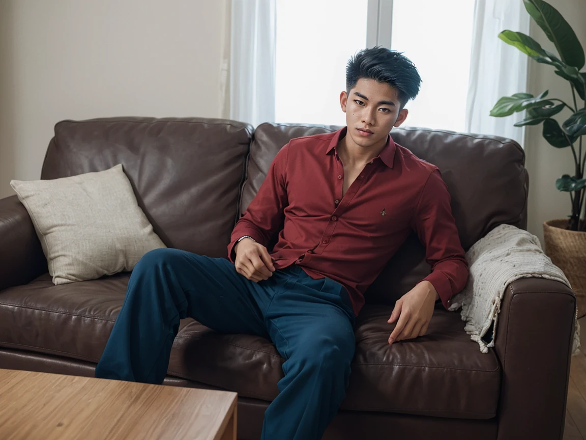 shot by Sony a7 IV Mirrorless Camera, natural light, analog film photo, Kodachrome , handsome thai teenage men ,Long sleeve shirt and loose pants .sofa , living room