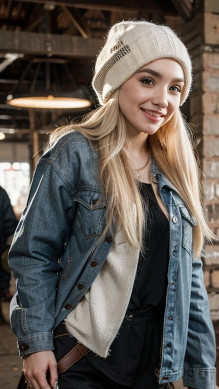 Ava Max dressed in hobo clothes with a sexy smile.