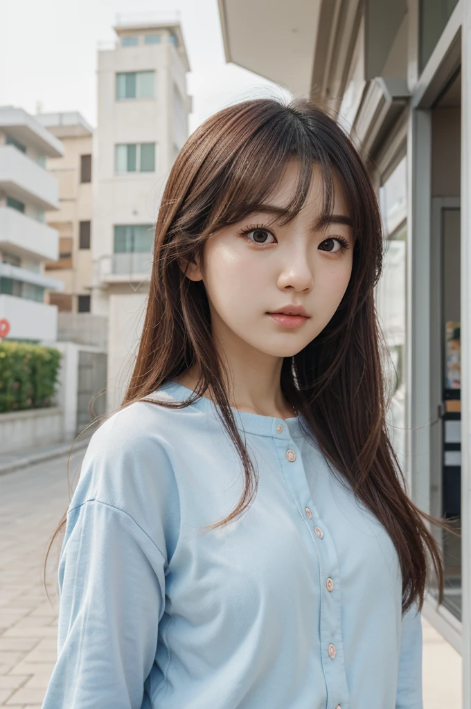 Absurdres, Masterpiece, Best quality, light colors, pastel colors, korean girl from webtoon with Beautiful face , beautiful hair , a character from kdrama, anime eyes, semi casual clothes, masterpiece background, detailed background