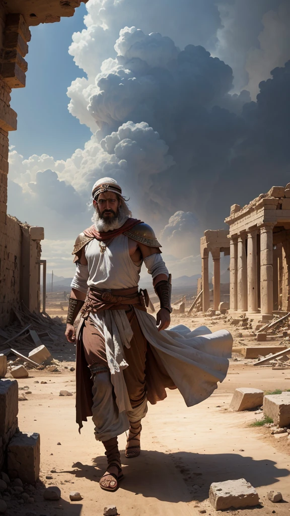 Job, surrounded by calamity, witnessing destruction, ancient biblical times, traditional Middle Eastern clothing, in a devastated landscape, reacting to loss, ruins and desolation in the background, wide shot, hyper-realistic, photo realism, cinematography