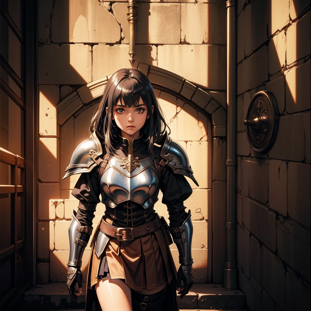 最high quality、high quality、Leather Armor/Skirt、10Year-old girl adventurer、Climb the dungeon stairs、Equipped with a dagger and a leather shield、Inside the dim labyrinth