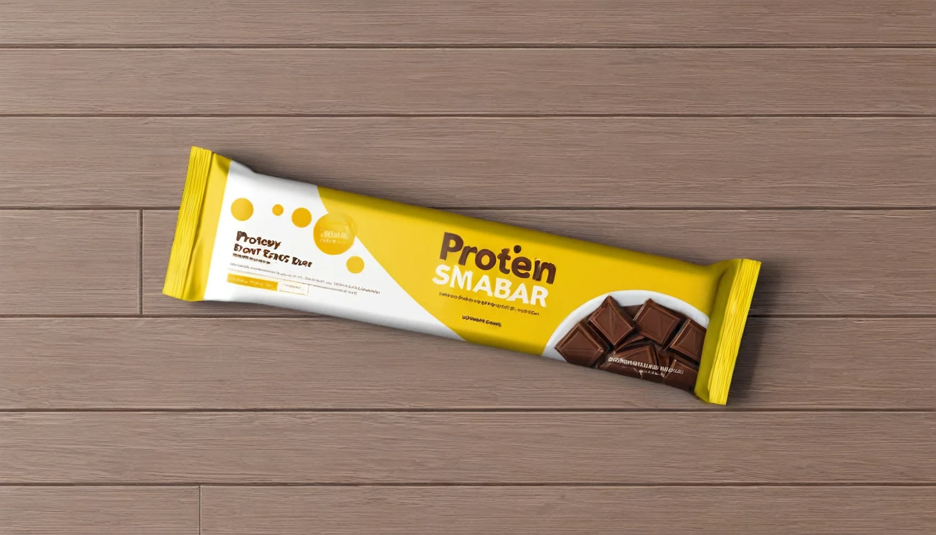 Overhead flat lay view of energy protein bar or chocolate bar snack packaging template design