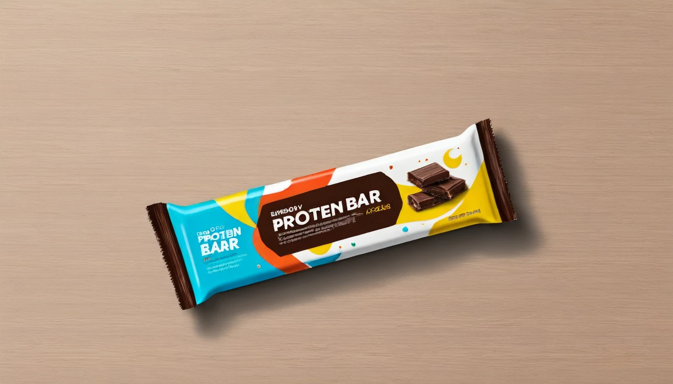 Overhead flat lay view of energy protein bar or chocolate bar snack packaging template design