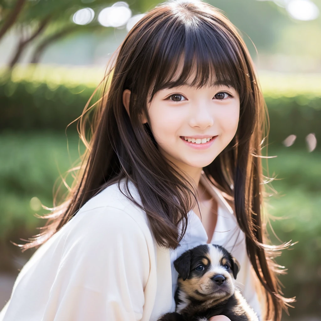 Create an anime-style portrait of a Japanese girl。Her hair is dark brown、Let it flow naturally。The girl has a gentle smile。She looks loving、Holding a cute puppy、It&#39;s a scene that evokes warmth and camaraderie.。Background、It should be a blend of warm and cool colors that complement the overall composition.。She is wearing a blue dress with intricate detailing.、Gives an elegant impression。The overall atmosphere of the piece is bright and attractive.、Capture the girl&#39;s kind and friendly personality。