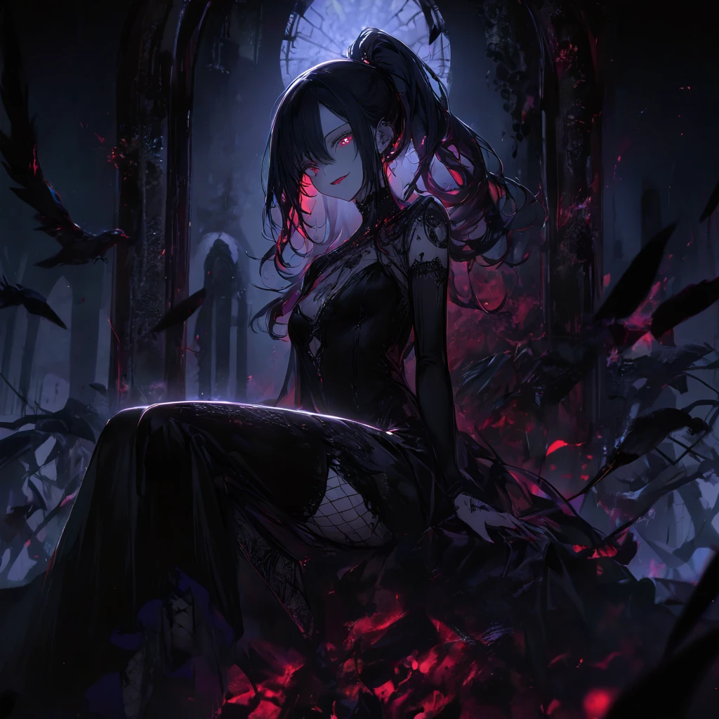 （dark atmosphere，gothic fashion，bright colors），（best quality，Super exquisite，），Sexy goth Vampire girl，In the rose garden at night，Beautiful and delicate eyes，Straight black ponytail with blue tips，Crow feathers，red lipstick，mysterious smile，Pale complexion，fishnet stockings，black  dress，Pointed-toe bootysterious aura，The moonlight illuminates her elegant silhouette，Soft shadows and soft highlights，Contrasting colors create a vibrant atmosphere，dark and moody color palette，Subtle yet dramatic lighting effects，Sublime darkness intertwined with exquisite moonlight, She's tall and mature, red tone, beatiful pretty face