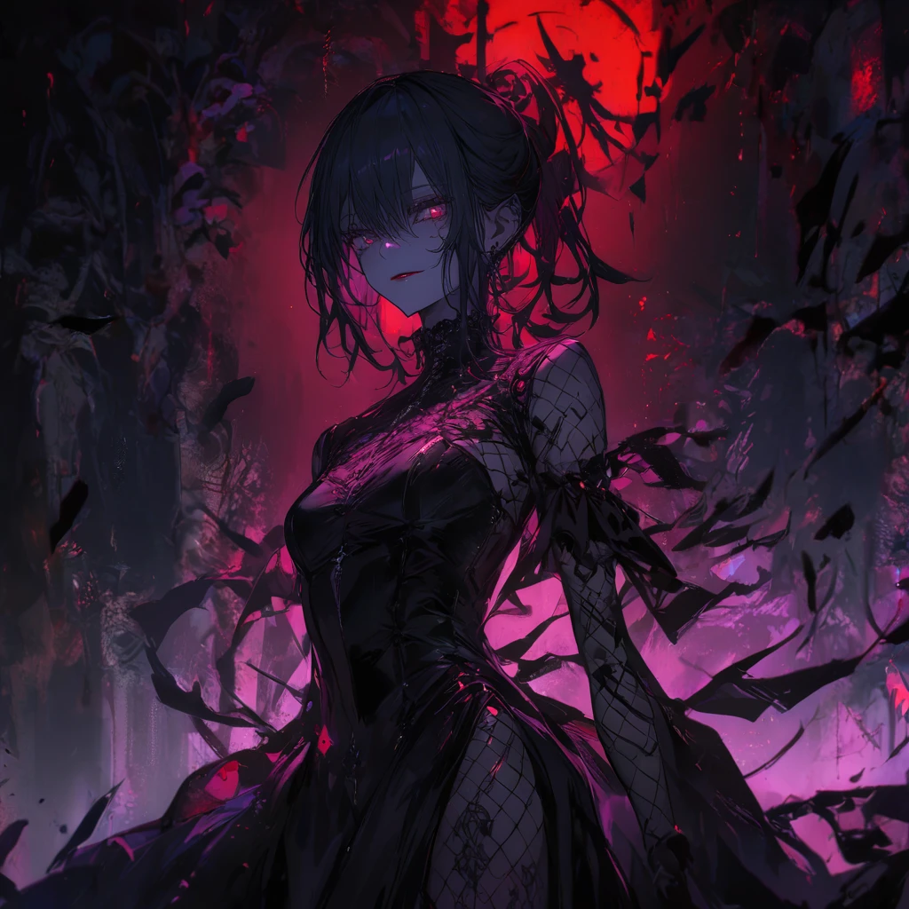 (dark atmosphere,gothic fashion,bright colors),(best quality,Super exquisite,),Sexy goth Vampire girl,In the rose garden at night,Beautiful and delicate eyes,Straight black ponytail with blue tips,Crow feathers,red lipstick,mysterious smile,Pale complexion,fishnet stockings,black dress,Pointed-toe bootysterious aura,The moonlight illuminates her elegant silhouette,Soft shadows and soft highlights,Contrasting colors create a vibrant atmosphere,dark and moody color palette,Subtle yet dramatic lighting effects,Sublime darkness intertwined with exquisite moonlight, She's tall and mature, red tone, beatiful pretty face
