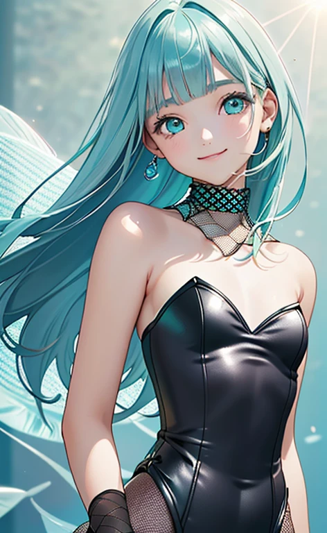 (Photorealistic:1.4)、(16-year-old:1.5),(masterpiece、lens flare、Exquisite beautiful eye:1.5,portlate:1.5),(),(kind eyes、tareme:1.9),(Close-up of face,face focus1.7)、()、Cute Face、 3D Face、(aqua hair:1.5)、(long hair,:1.2),(sidelock :1.3),(blunt bangs:1.3),(1 lgirl)、(aqua eyes:1.2)、(upper body:1.5)、、(smile:1.2)、(Fishnet tights:1.3).(),(head tilt) ,(),(flat chest),(),(strapless leotard :1.5),(art background:1.5)、(Detail)、(upper body)、Slim Body(),Shiny Hair、