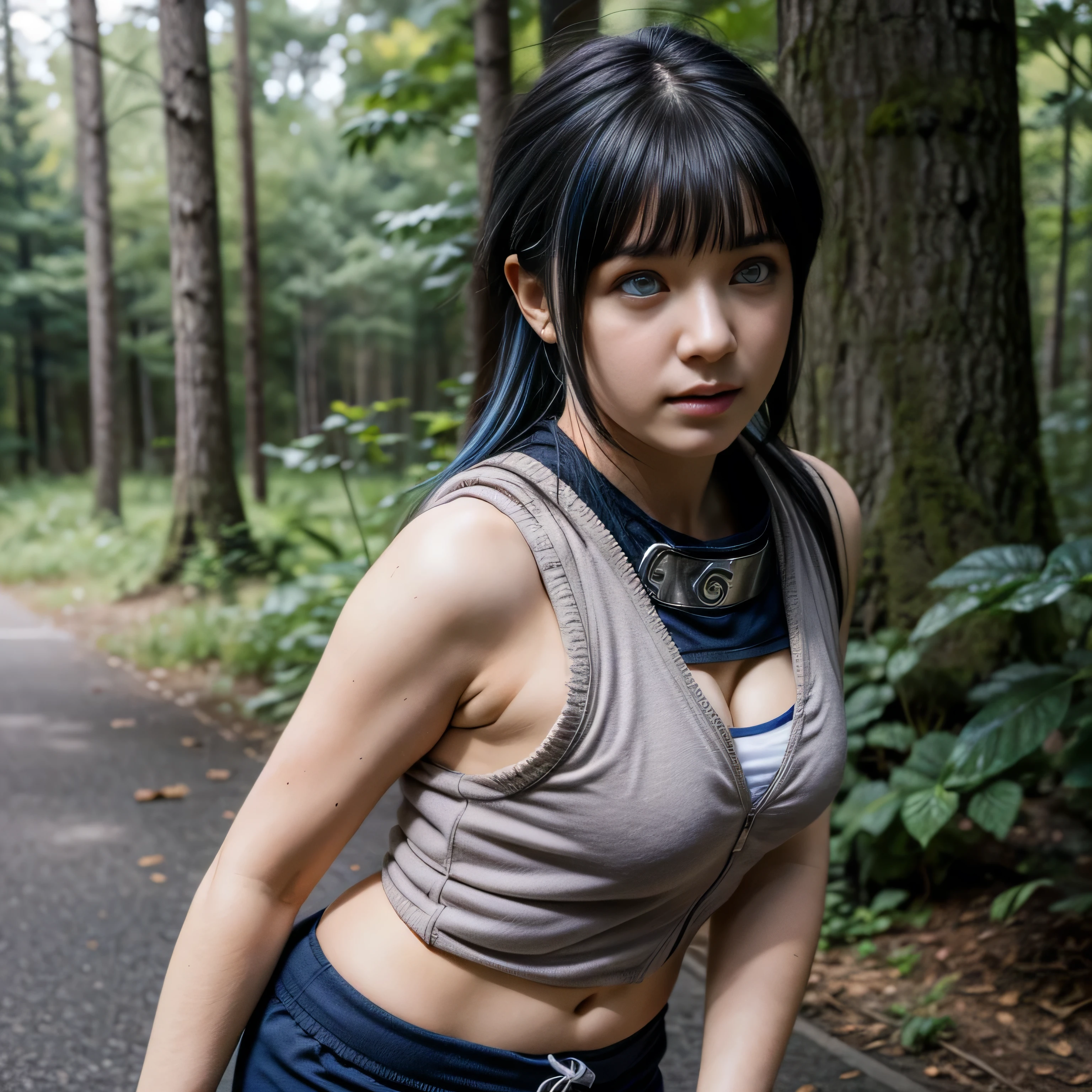 photorealistic, masterpiece, photorealistic, high resolution, soft light, hips up, cunt up, grey bright eyes, blue hair, long hair, Intricate details EABA, vest, white vest, pants, Ninja, Armor, Member belongs to Division 5, Hinata Hyuga, Konoha forest