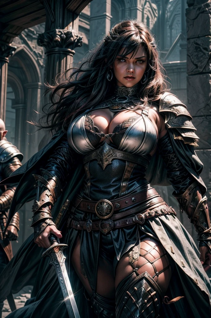 A close up portrait image of a Dungeons and Dragons Character, D&D, D&D artwork, D&D art style, a heroic warrior woman, wearing chainmail and a long dark cloak, busty, large swelling breasts, heaving breasts, muscle mommy, thicc, attractive, (highly detailed face), ferocious woman, wielding a long sword, dark dungeon background, mid battle, during combat, (best quality), (high resolution), ((masterpiece))